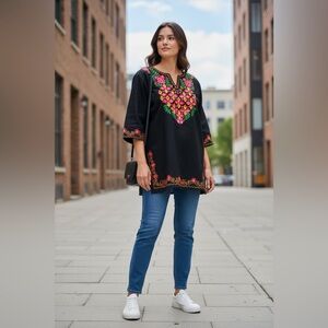 Embroidered Tribal 3/4  Sleeve Loose Fit Top Tunic Blouse Women M  Festival Boho